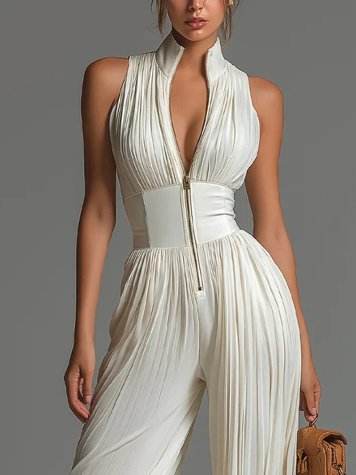 Vittoria | Black chiffon jumpsuit with V-neck, sleeveless, zip, pleated, wide-leg pants