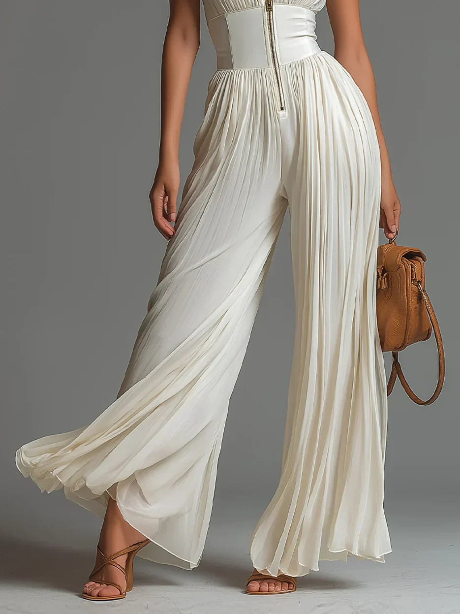 Vittoria | Black chiffon jumpsuit with V-neck, sleeveless, zip, pleated, wide-leg pants