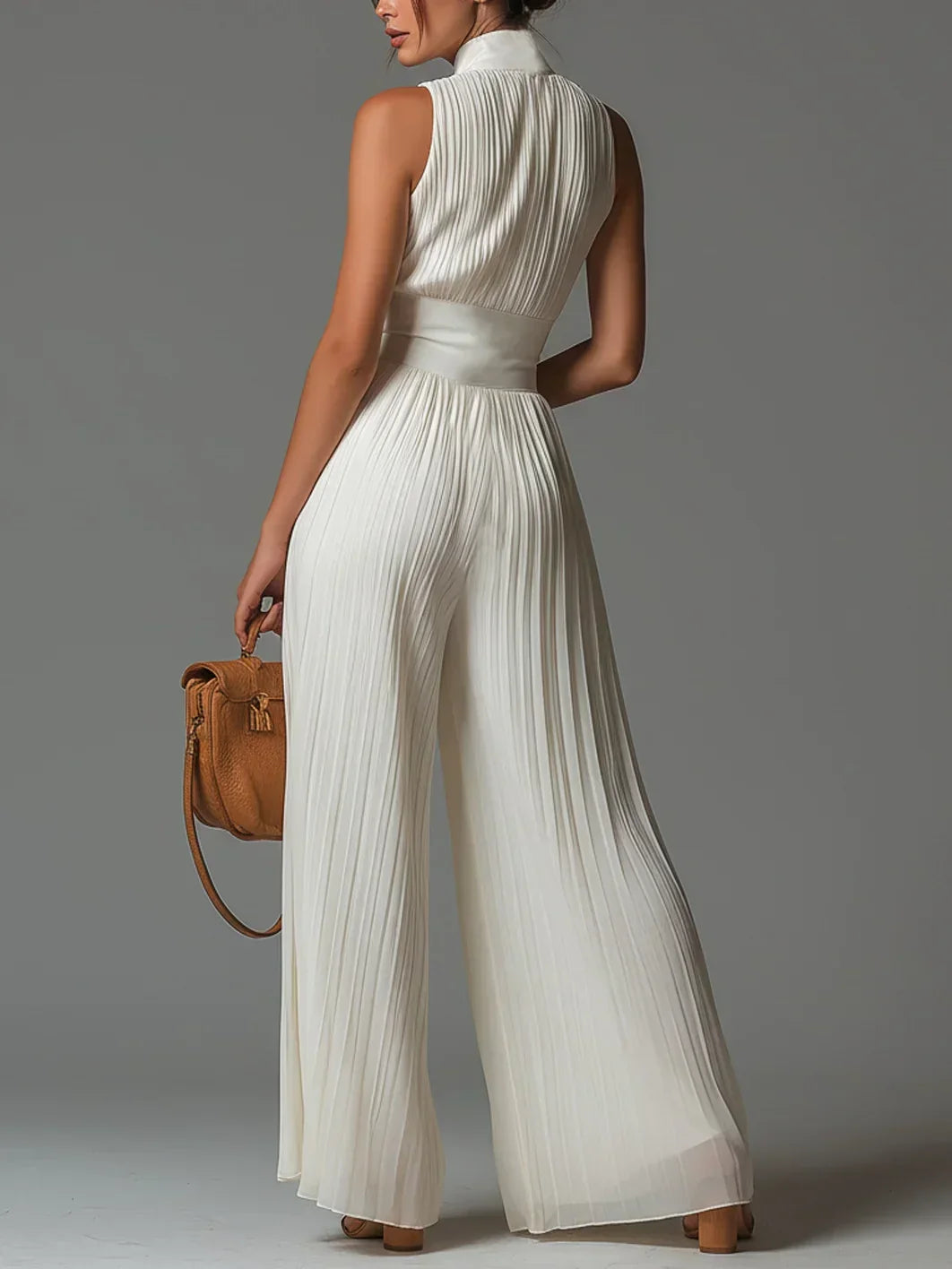 Vittoria | Black chiffon jumpsuit with V-neck, sleeveless, zip, pleated, wide-leg pants