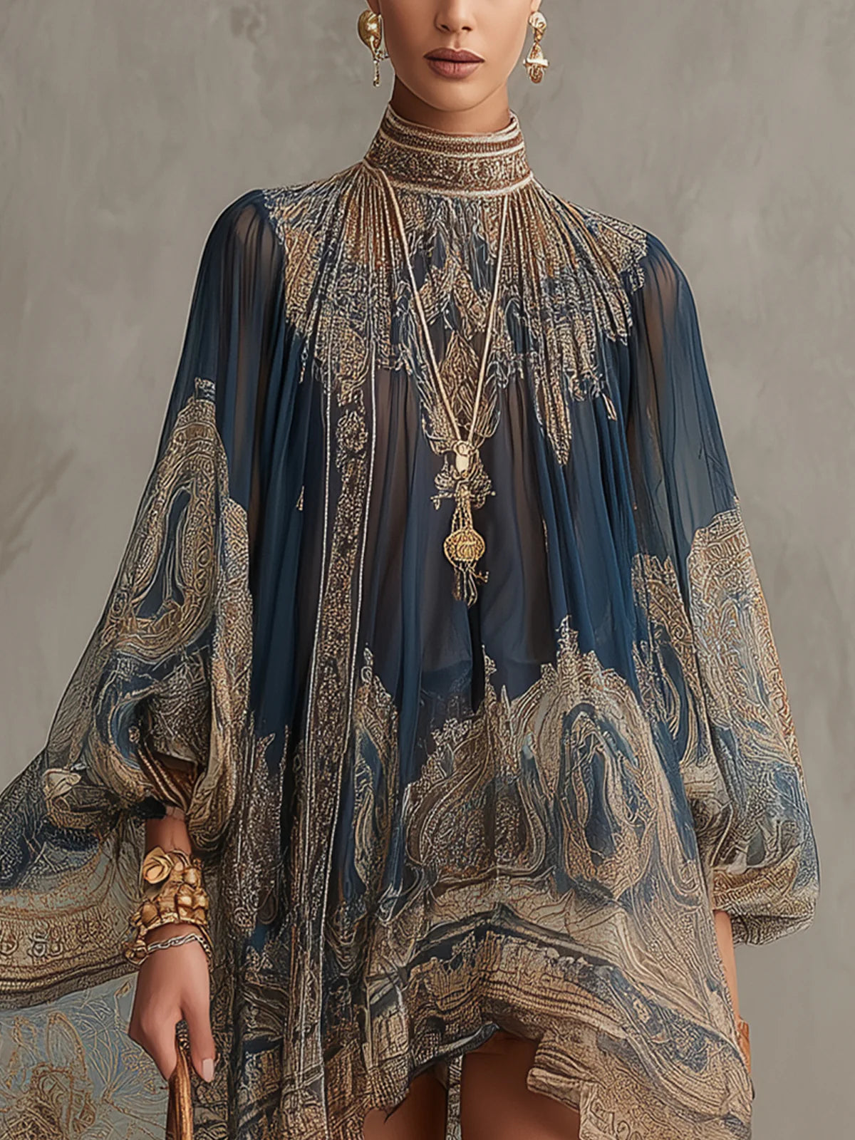Nadia | Navy Baroque Print High-Neck Mini Dress
