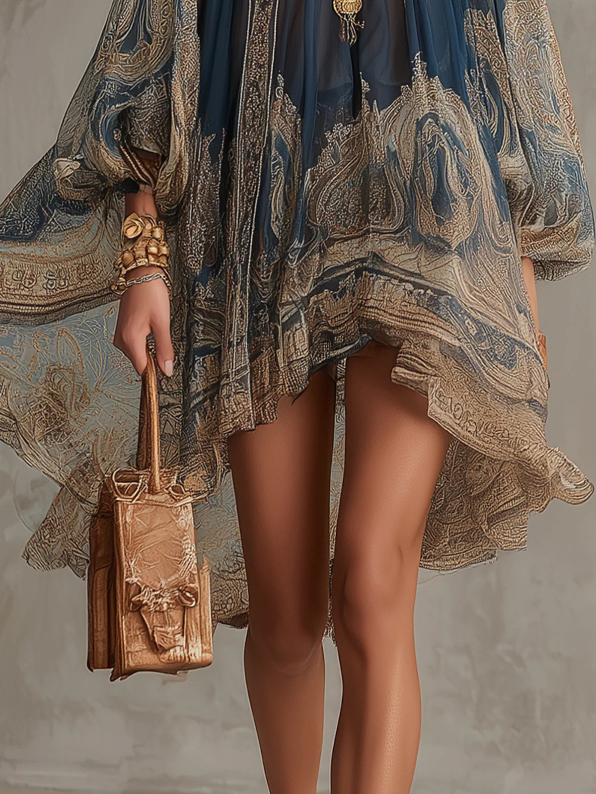 Nadia | Navy Baroque Print High-Neck Mini Dress