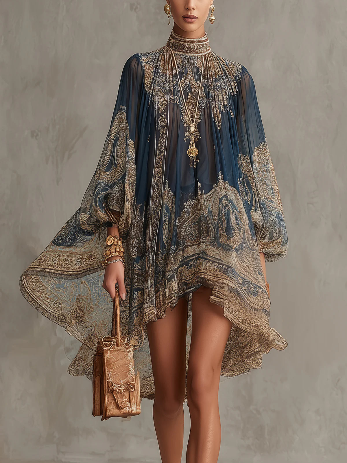 Nadia | Navy Baroque Print High-Neck Mini Dress