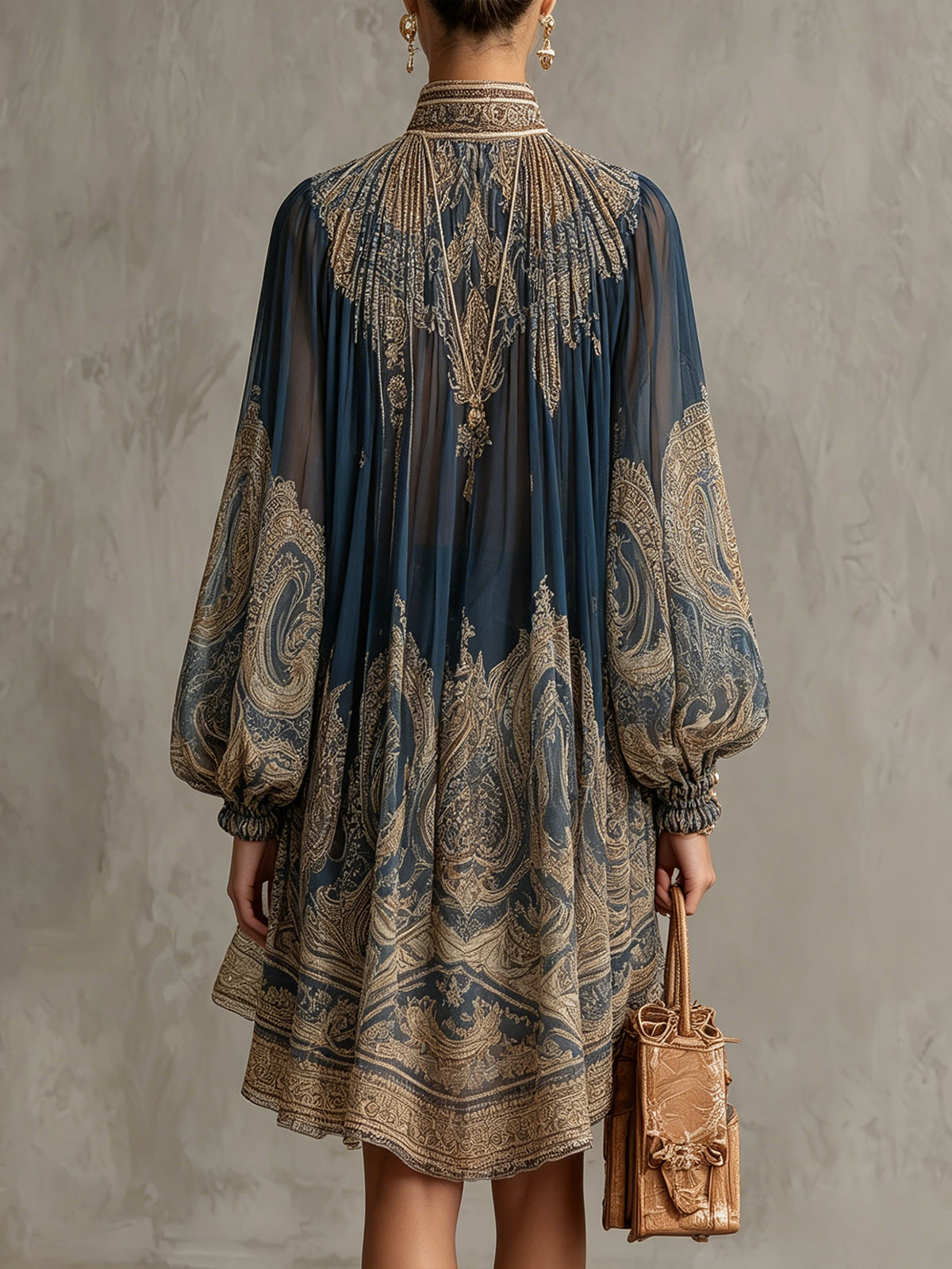 Nadia | Navy Baroque Print High-Neck Mini Dress