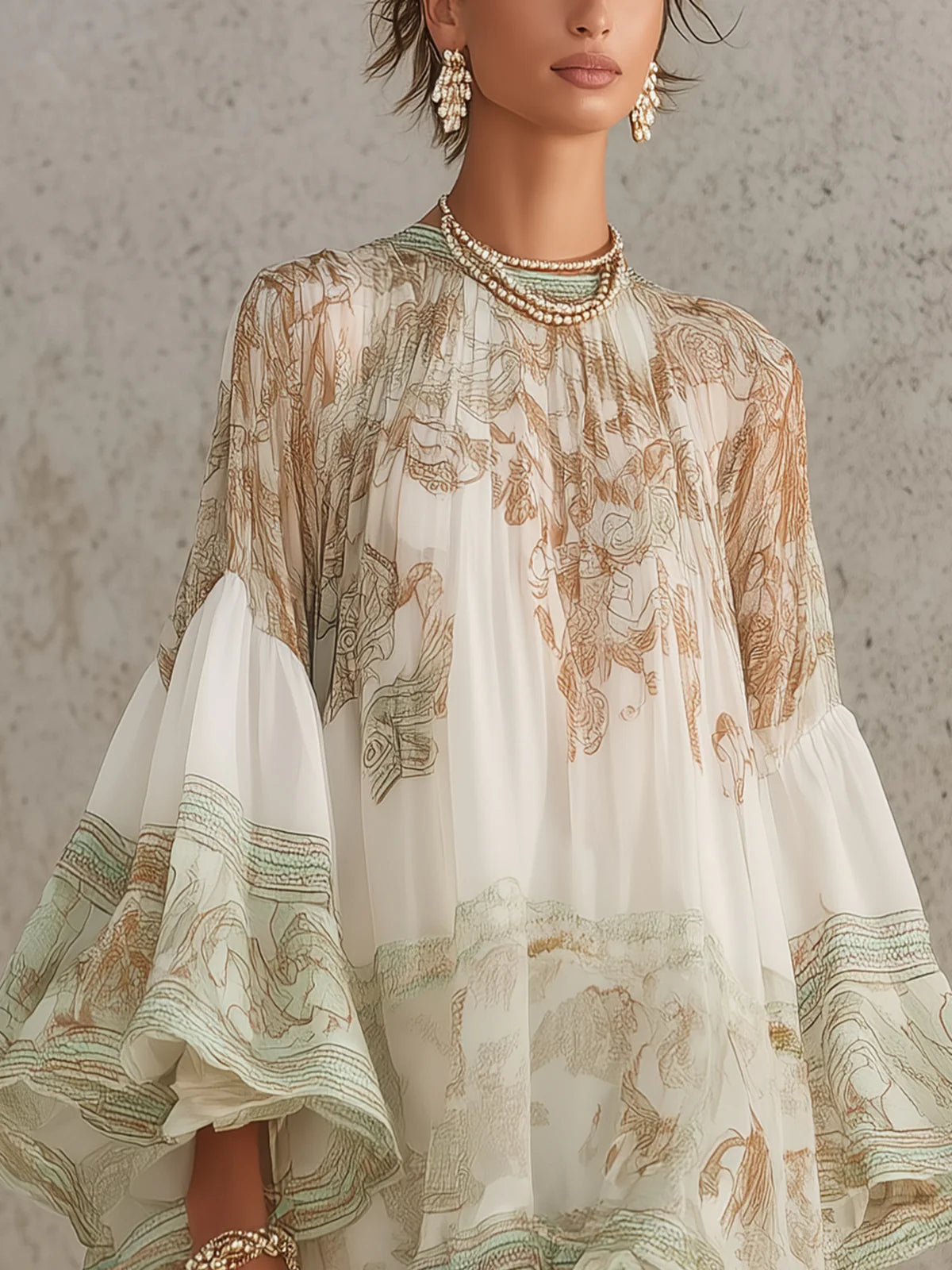 Lenora | Baroque Print Ruffle Hem Flounce Sleeve Chiffon Dress