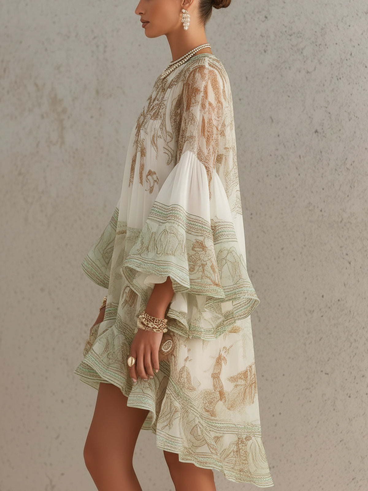 Lenora | Baroque Print Ruffle Hem Flounce Sleeve Chiffon Dress