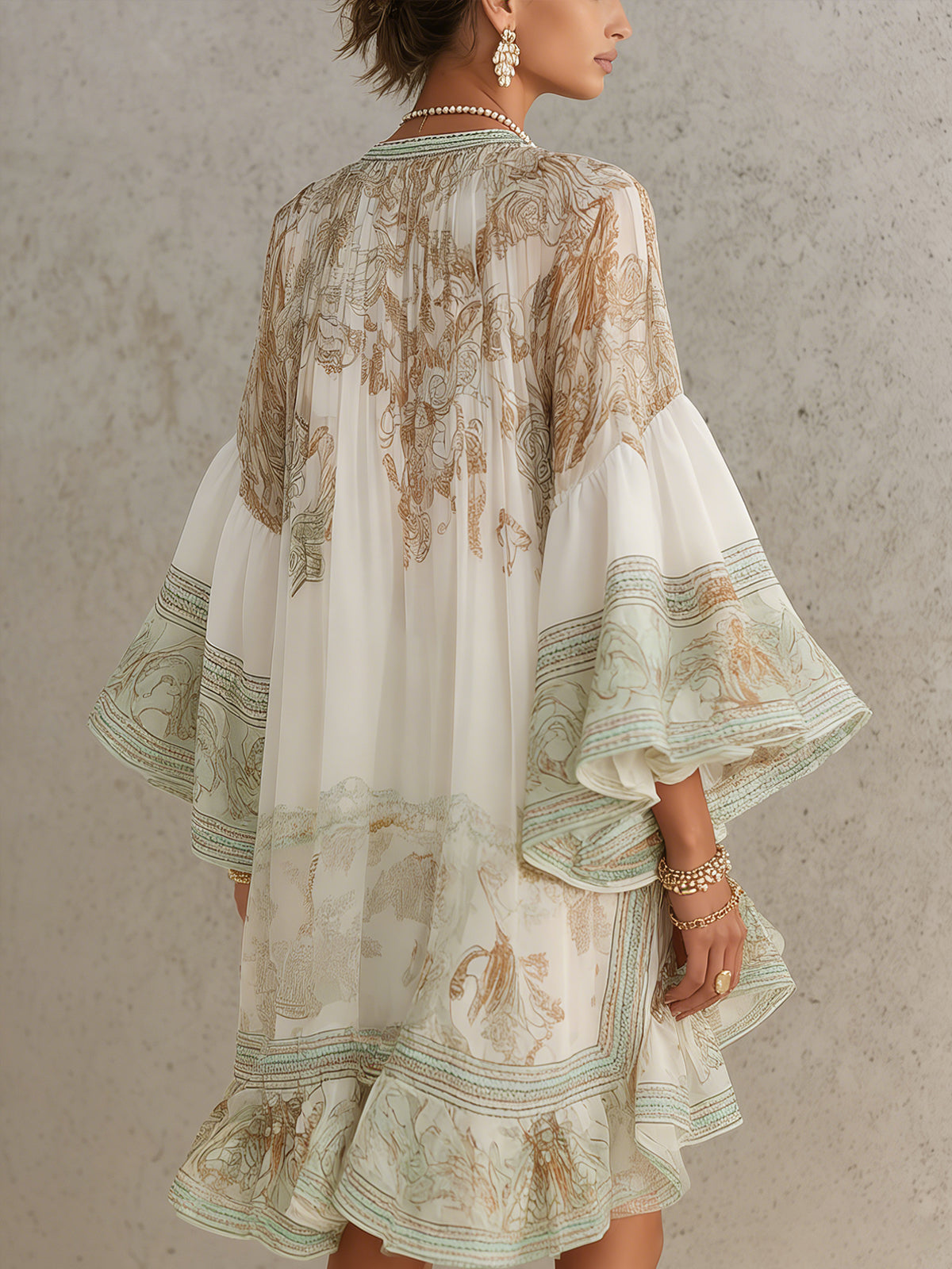 Lenora | Baroque Print Ruffle Hem Flounce Sleeve Chiffon Dress