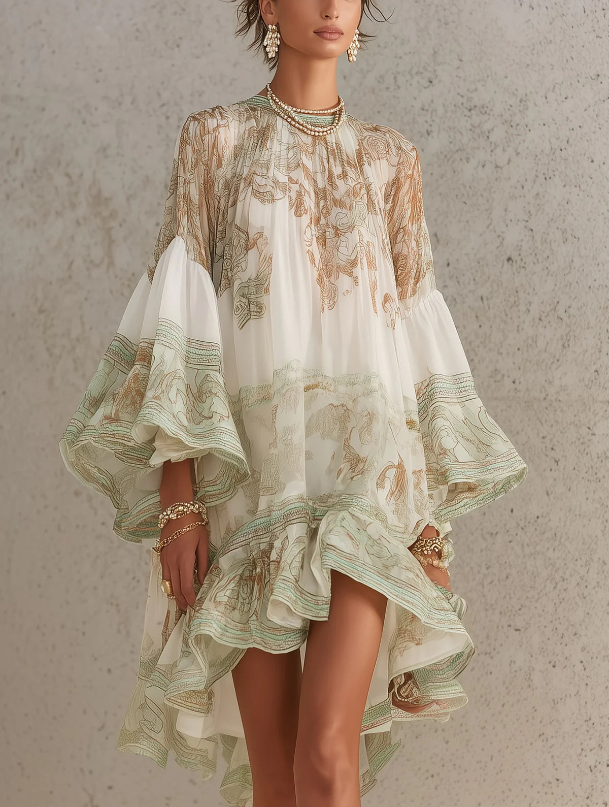 Lenora | Baroque Print Ruffle Hem Flounce Sleeve Chiffon Dress