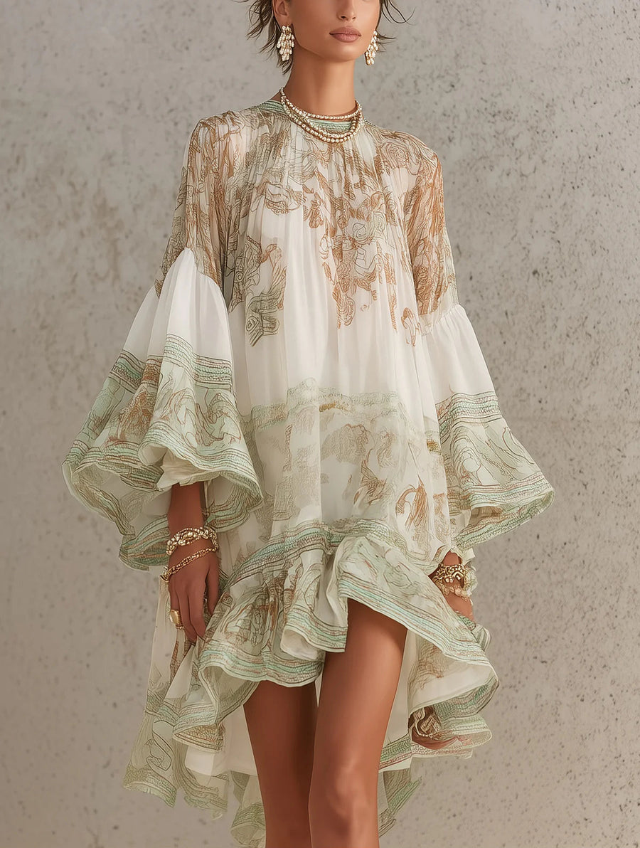 Lenora | Baroque Print Ruffle Hem Flounce Sleeve Chiffon Dress