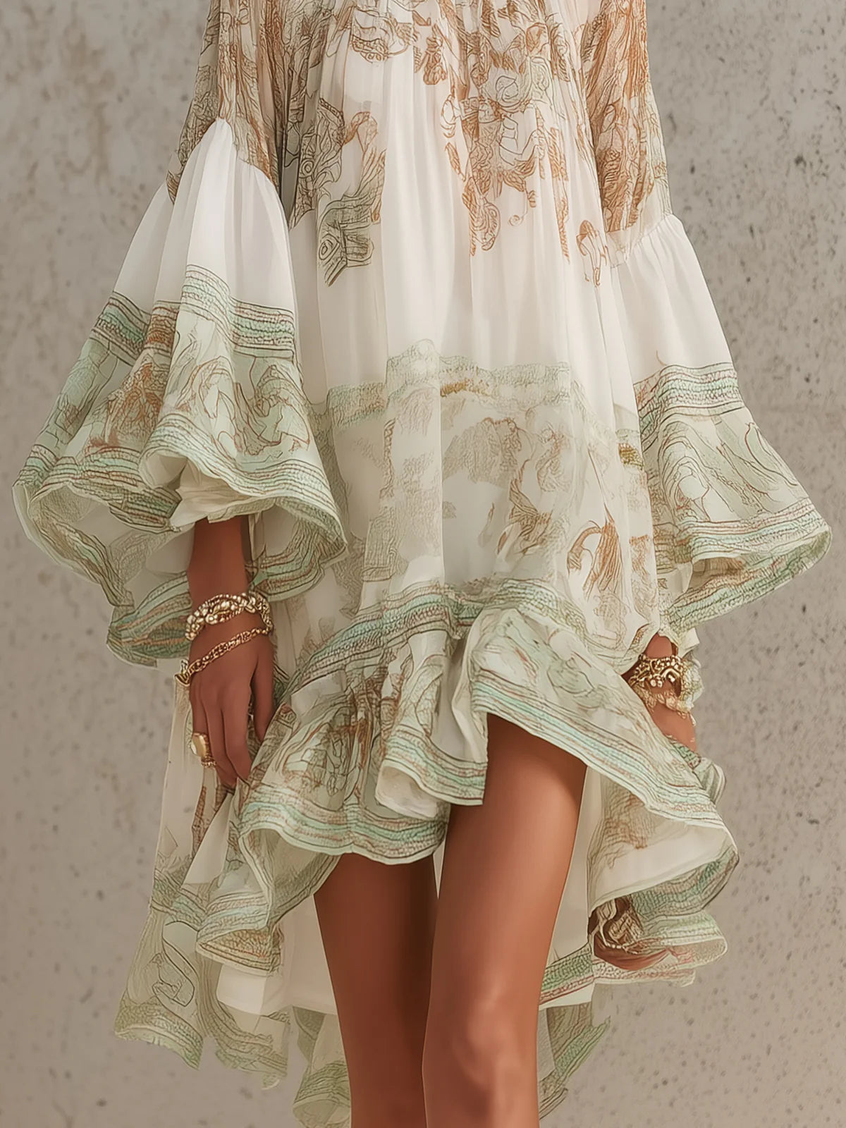 Lenora | Baroque Print Ruffle Hem Flounce Sleeve Chiffon Dress