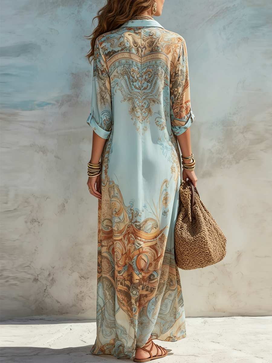 Marisol | Blue Floral Print Button-Down Shirt Maxi Dress