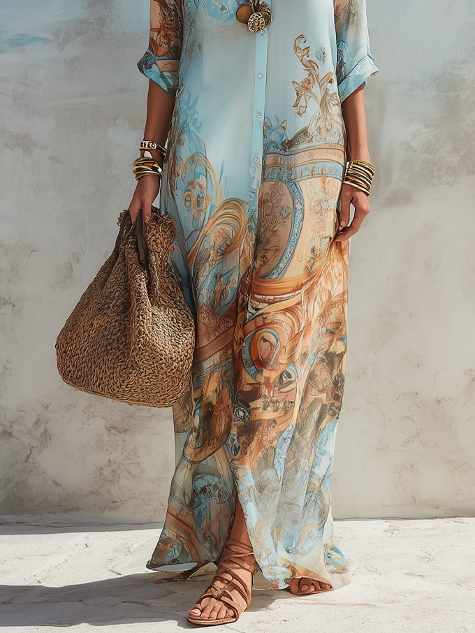 Marisol | Blue Floral Print Button-Down Shirt Maxi Dress