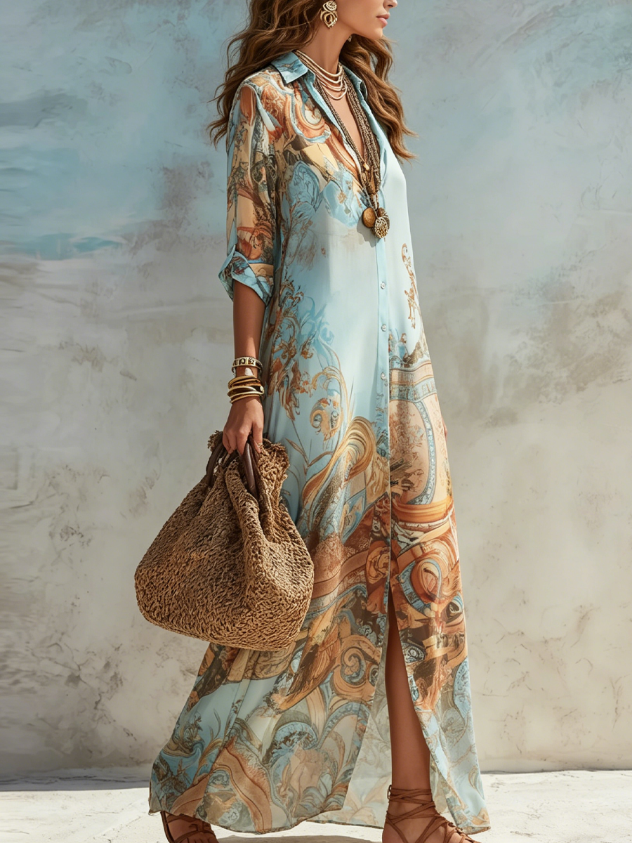 Marisol | Blue Floral Print Button-Down Shirt Maxi Dress