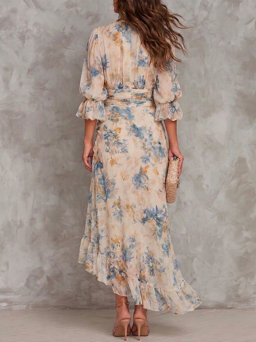 Rosanne | Floral Print Turtleneck Chiffon Maxi Dress