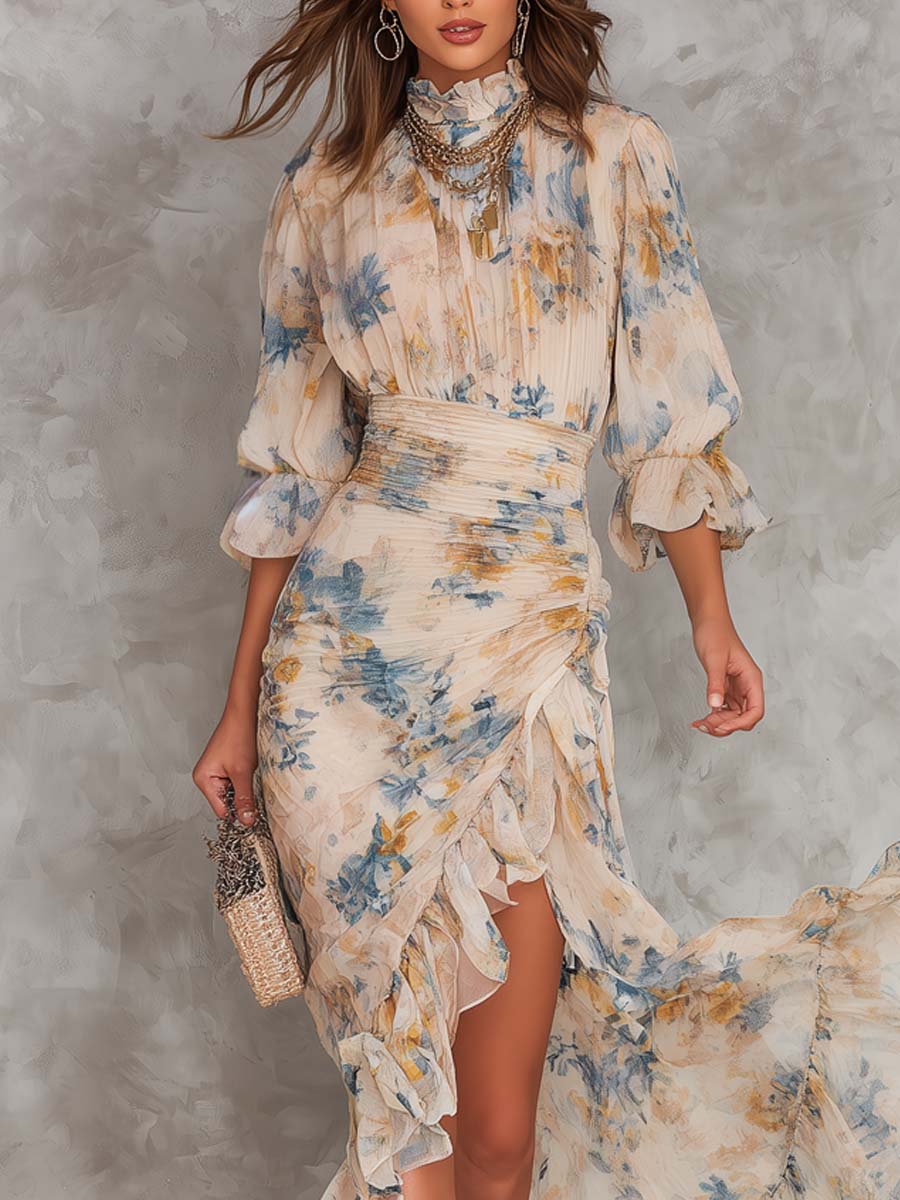 Rosanne | Floral Print Turtleneck Chiffon Maxi Dress