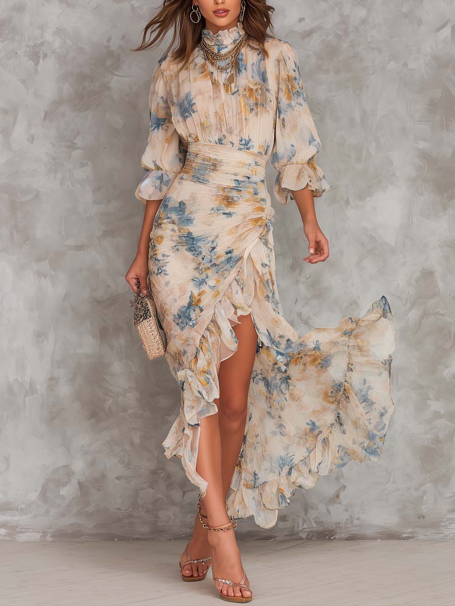 Rosanne | Floral Print Turtleneck Chiffon Maxi Dress