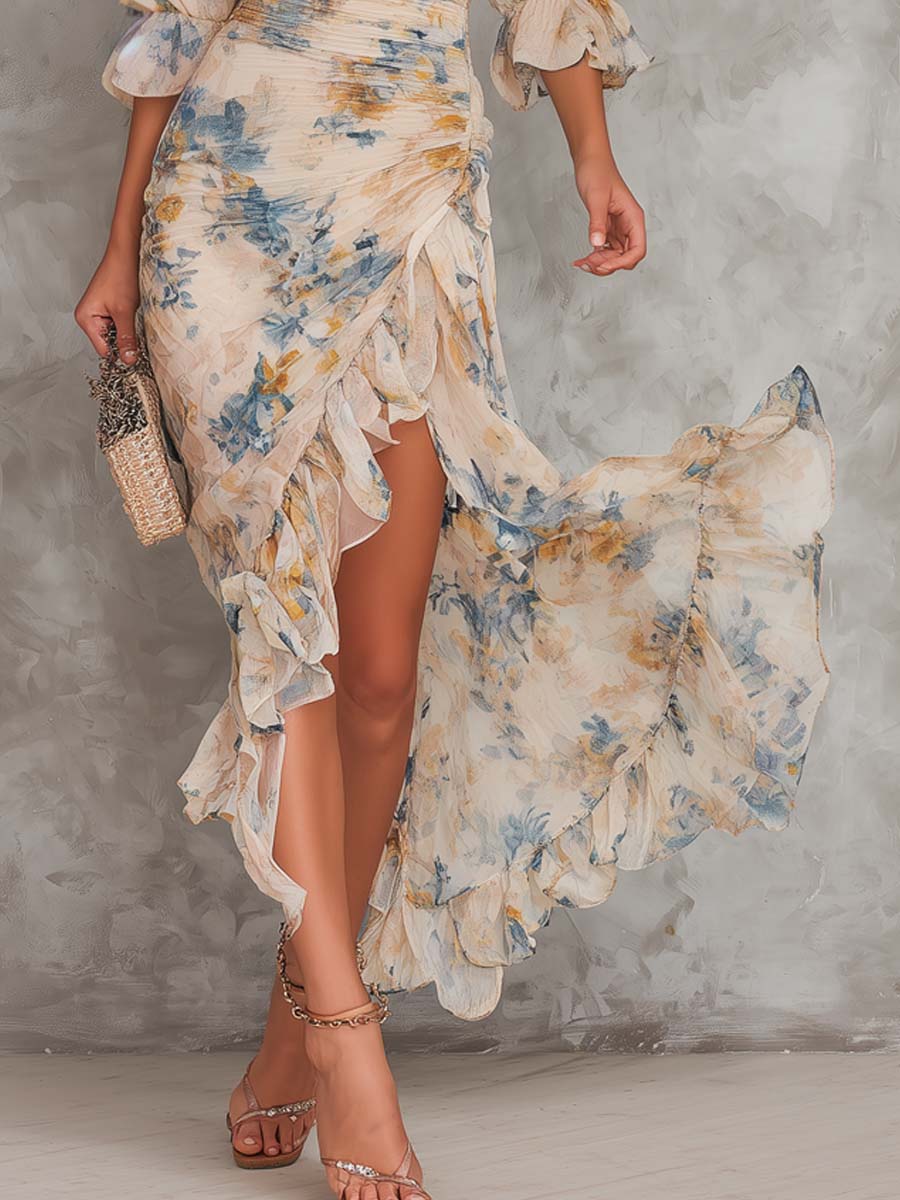 Rosanne | Floral Print Turtleneck Chiffon Maxi Dress