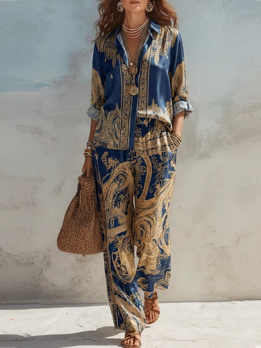 Ella | Baroque Print Shirt and Wide-Leg Trousers Set
