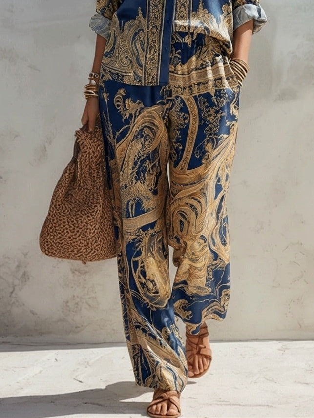 Ella | Baroque Print Shirt and Wide-Leg Trousers Set