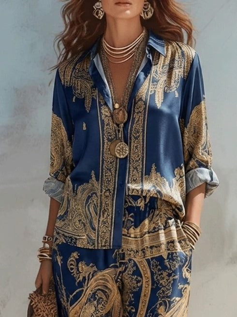 Ella | Baroque Print Shirt and Wide-Leg Trousers Set
