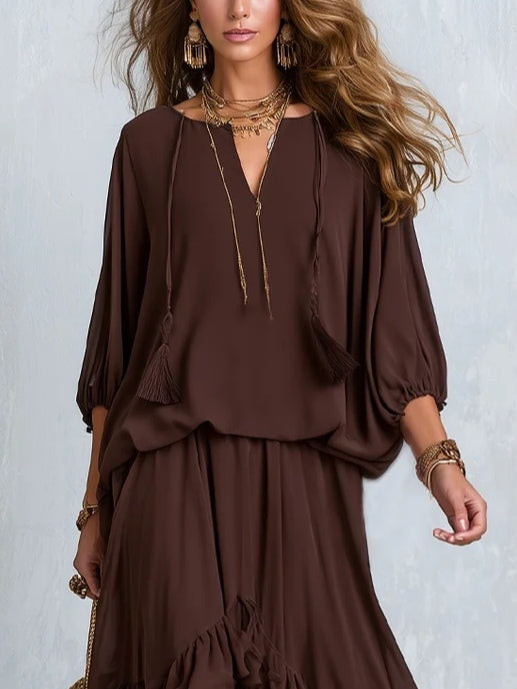 Sabine | Chiffon Tassel Drawstring V-Neck Top & Ruffle Skirt Set