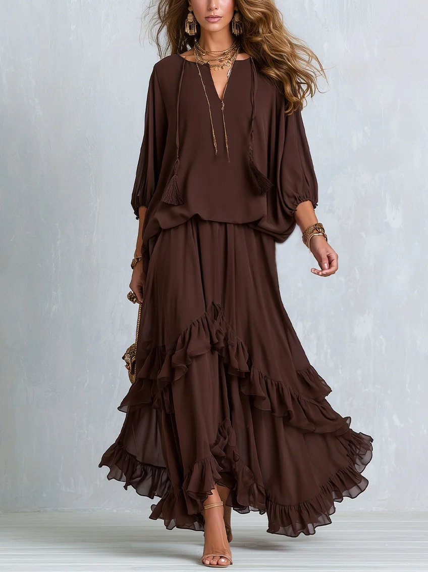 Sabine | Chiffon Tassel Drawstring V-Neck Top & Ruffle Skirt Set