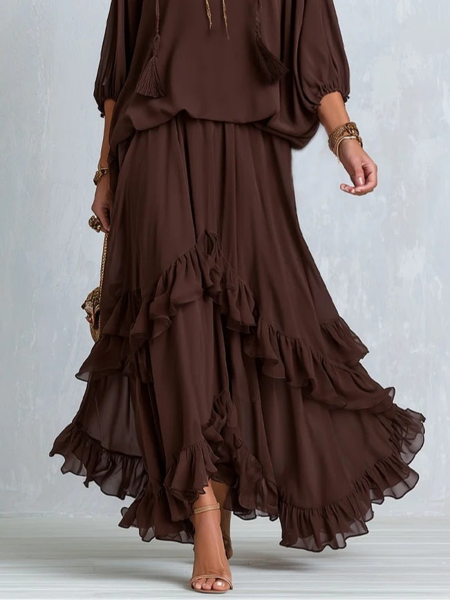 Sabine | Chiffon Tassel Drawstring V-Neck Top & Ruffle Skirt Set
