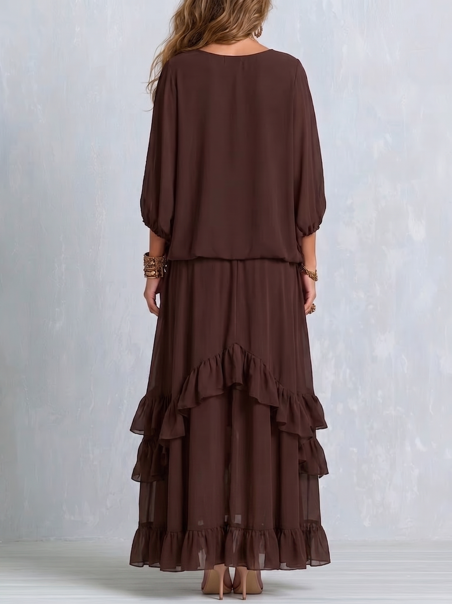 Sabine | Chiffon Tassel Drawstring V-Neck Top & Ruffle Skirt Set