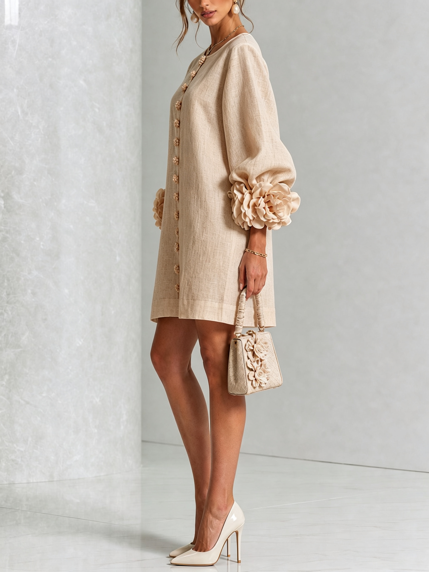 Sutton | Floral Button-Down Mini Dress with Rose-Knot Cuffs