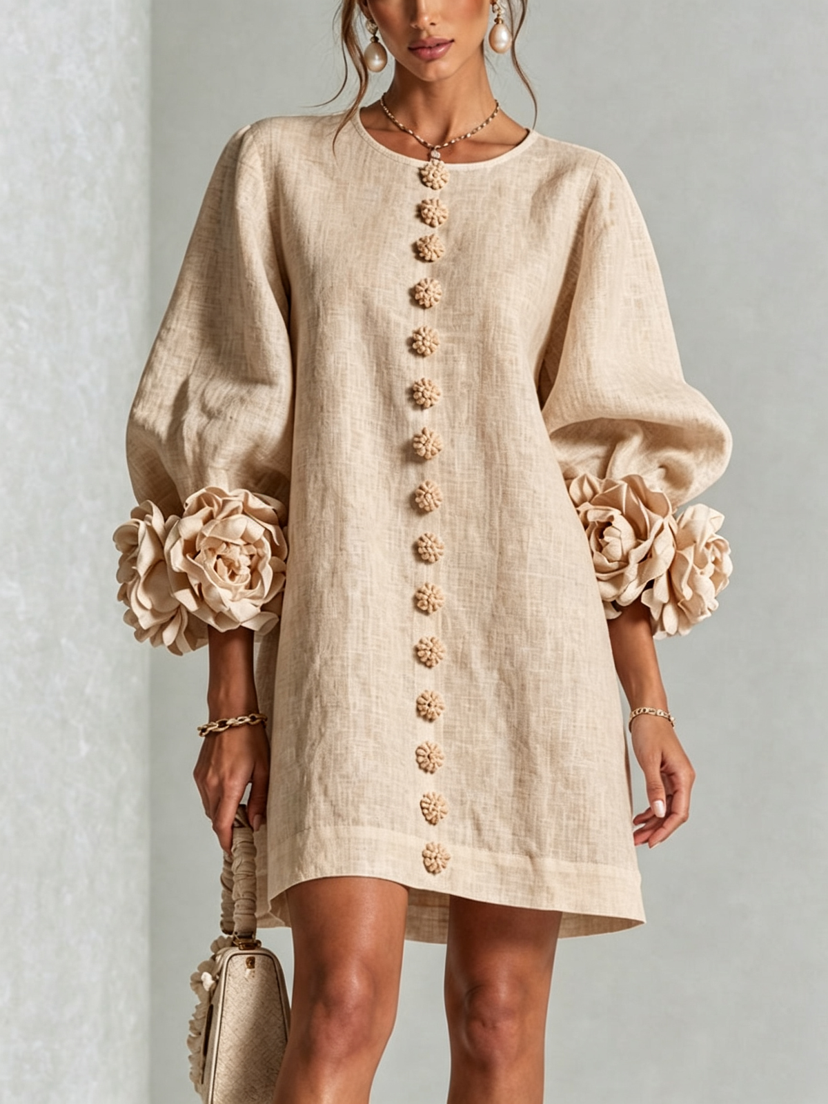 Sutton | Floral Button-Down Mini Dress with Rose-Knot Cuffs