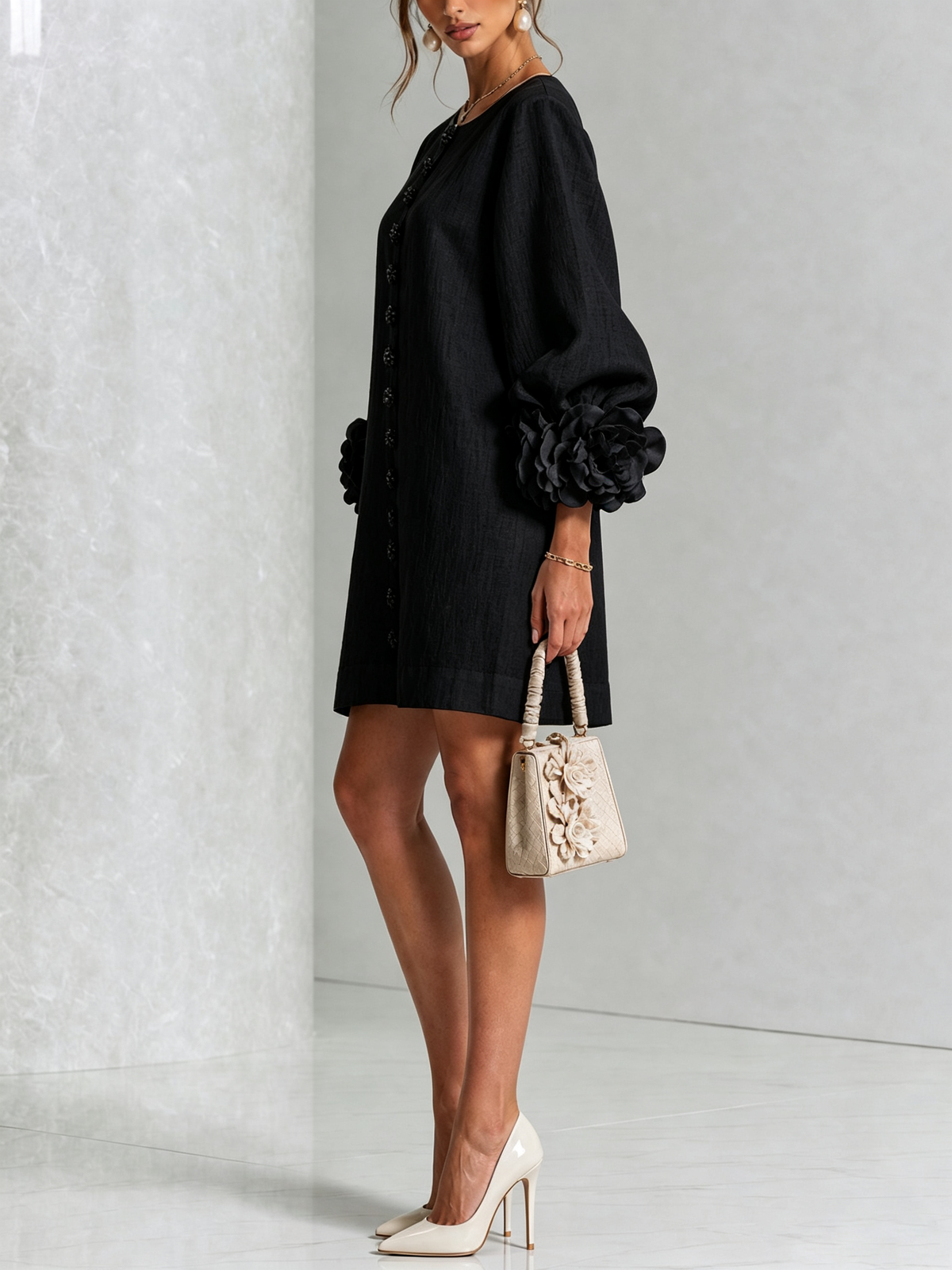 Sutton | Floral Button-Down Mini Dress with Rose-Knot Cuffs