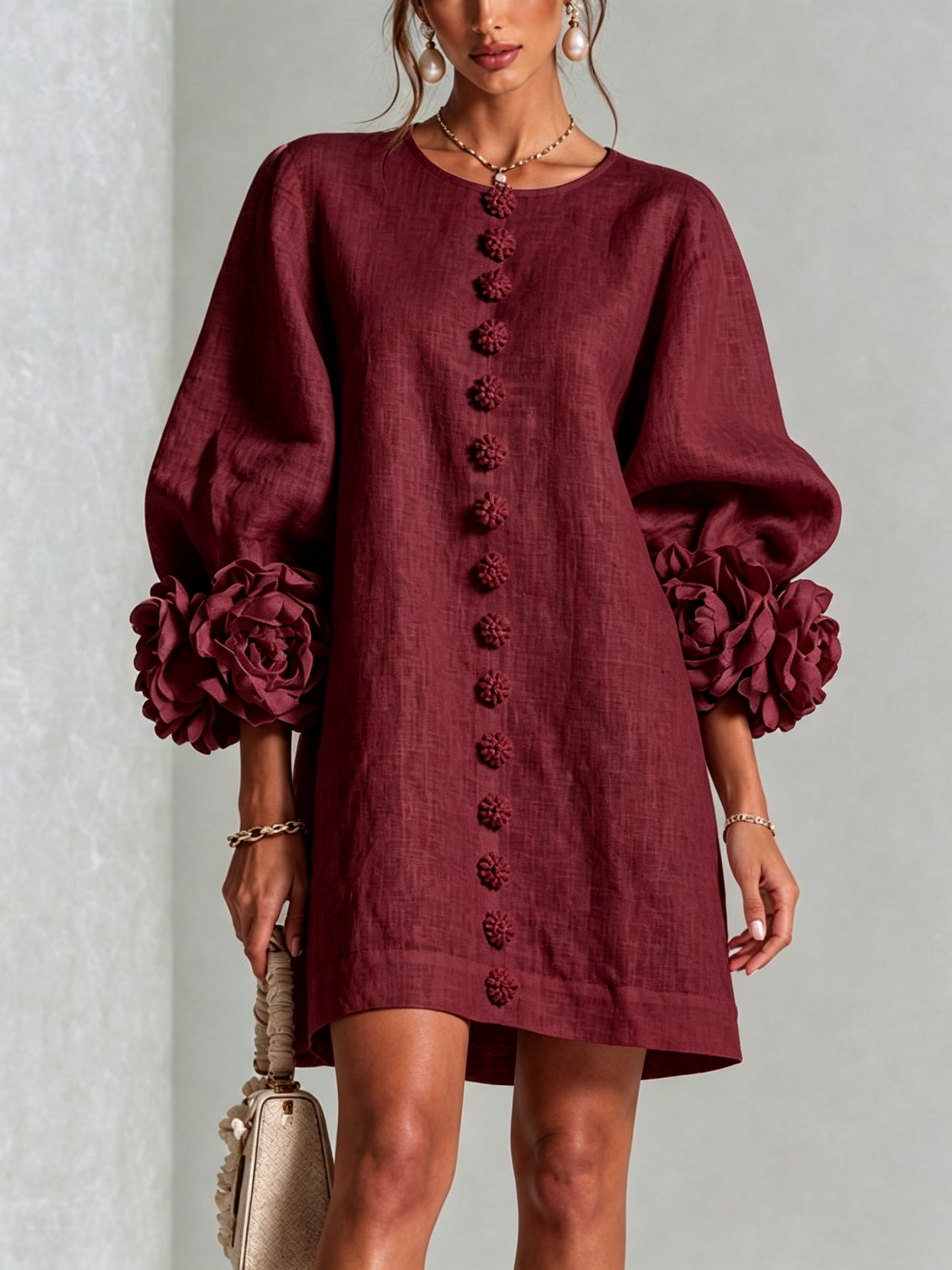 Sutton | Floral Button-Down Mini Dress with Rose-Knot Cuffs