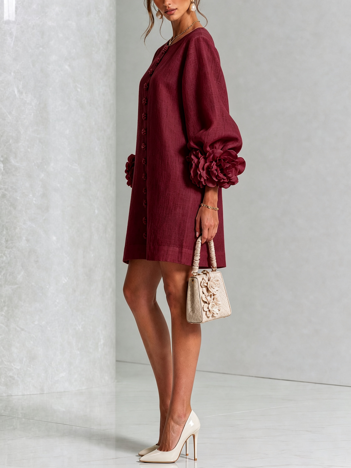 Sutton | Floral Button-Down Mini Dress with Rose-Knot Cuffs