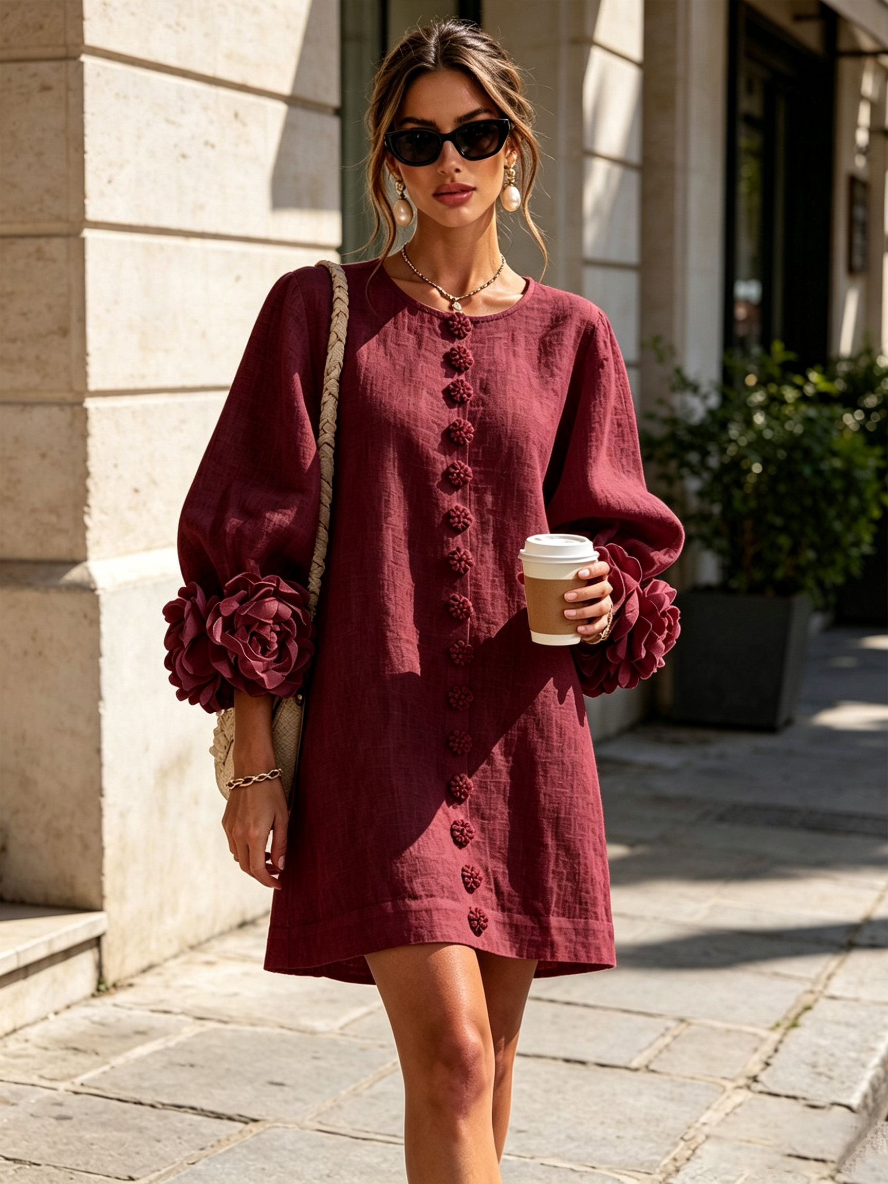 Sutton | Floral Button-Down Mini Dress with Rose-Knot Cuffs