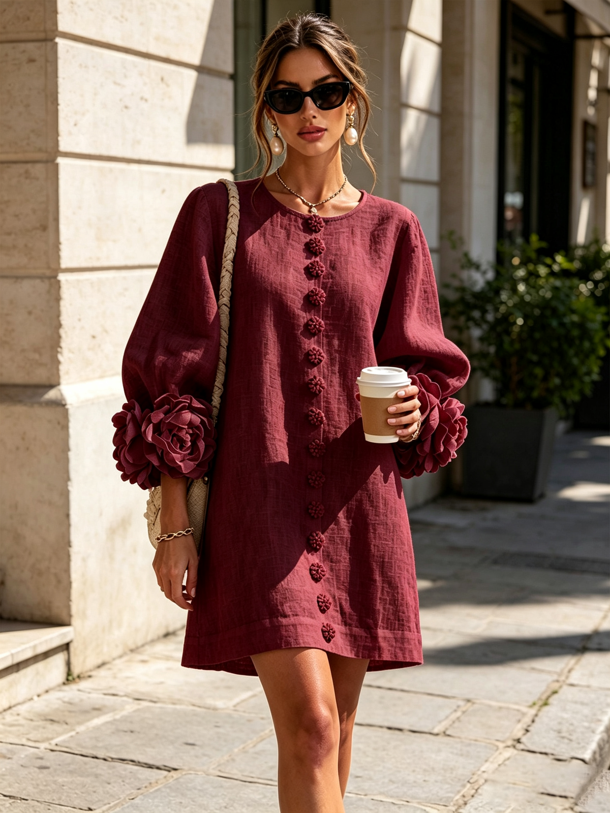 Sutton | Floral Button-Down Mini Dress with Rose-Knot Cuffs