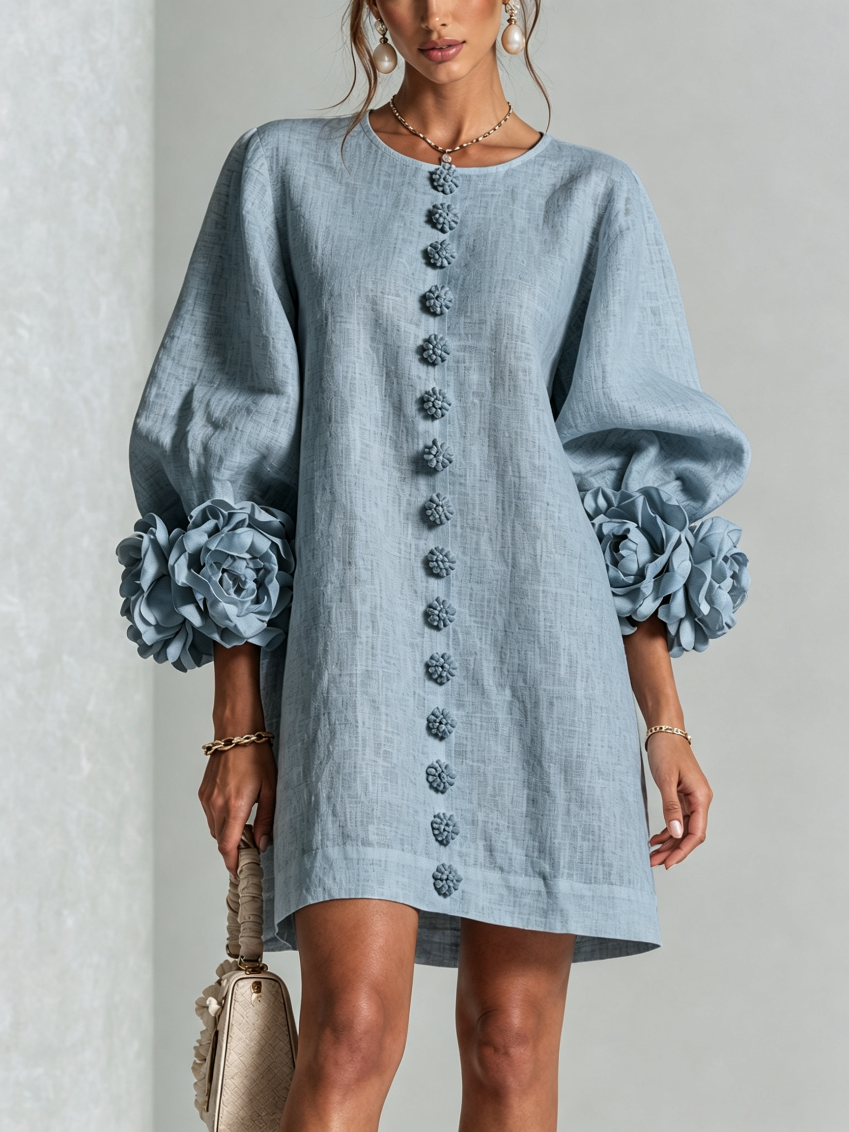 Sutton | Floral Button-Down Mini Dress with Rose-Knot Cuffs