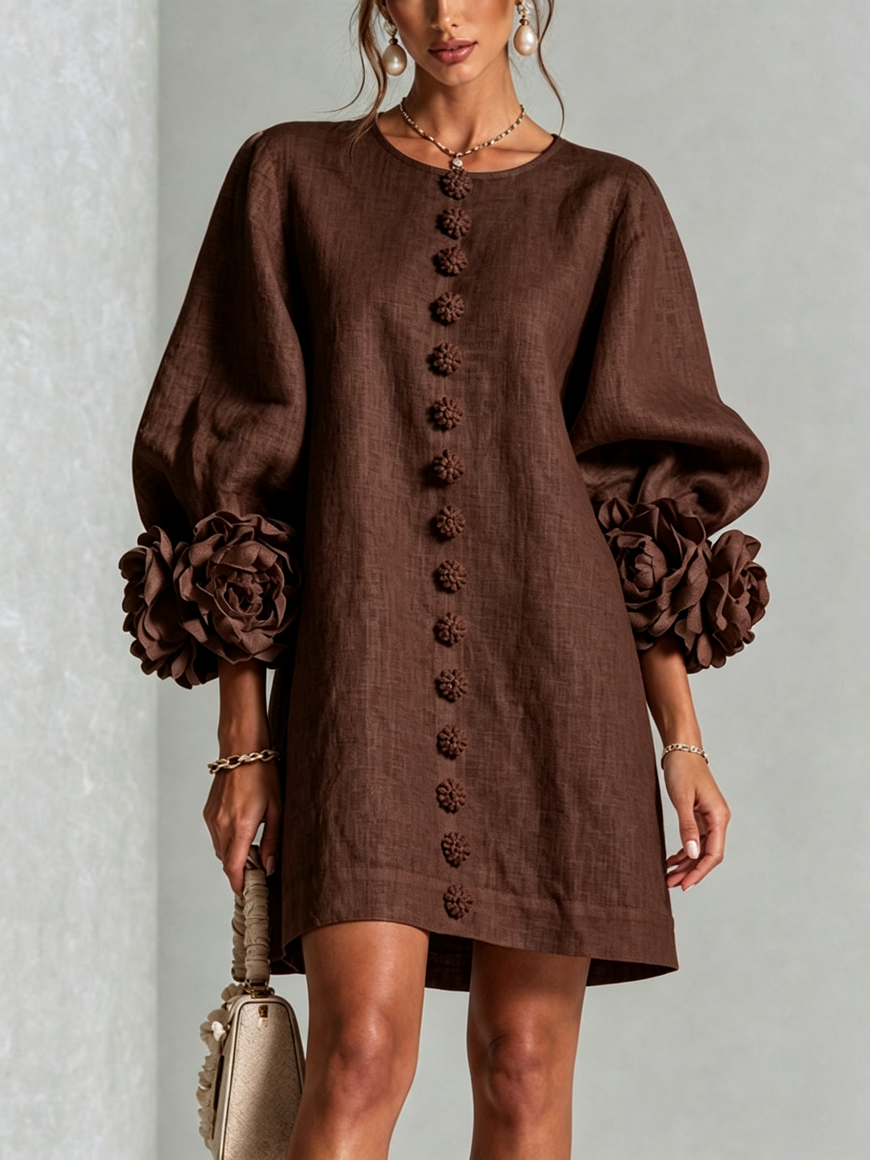 Sutton | Floral Button-Down Mini Dress with Rose-Knot Cuffs