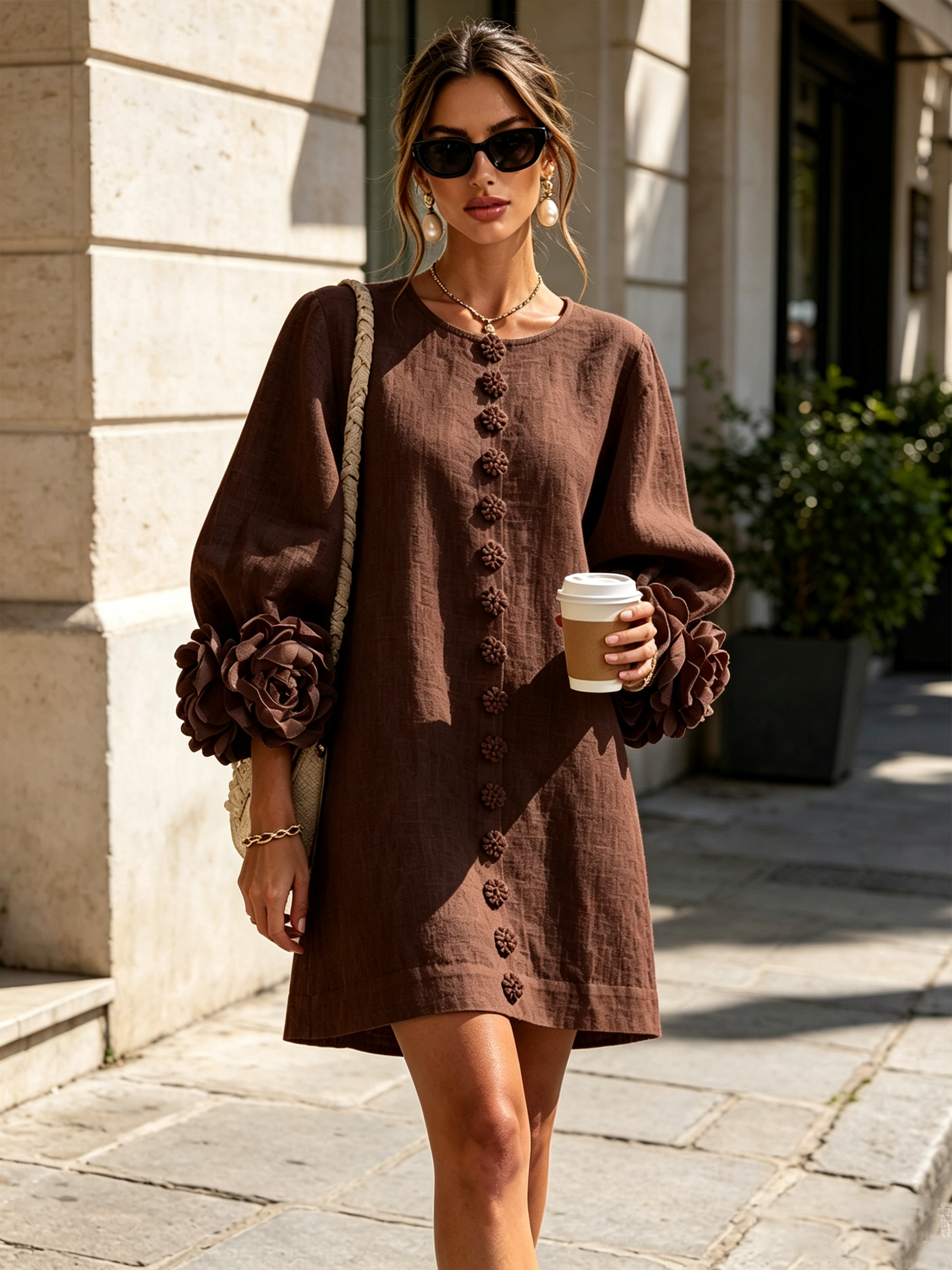 Sutton | Floral Button-Down Mini Dress with Rose-Knot Cuffs