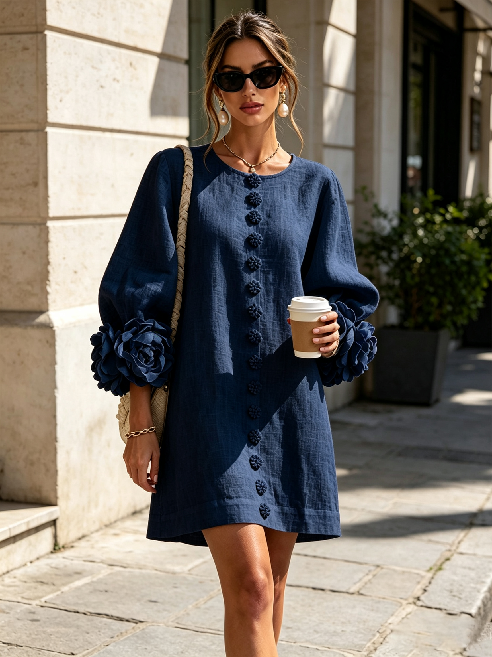 Sutton | Floral Button-Down Mini Dress with Rose-Knot Cuffs