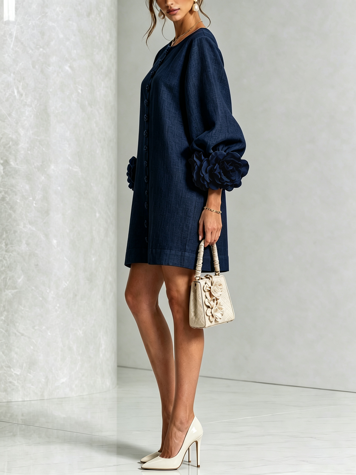 Sutton | Floral Button-Down Mini Dress with Rose-Knot Cuffs