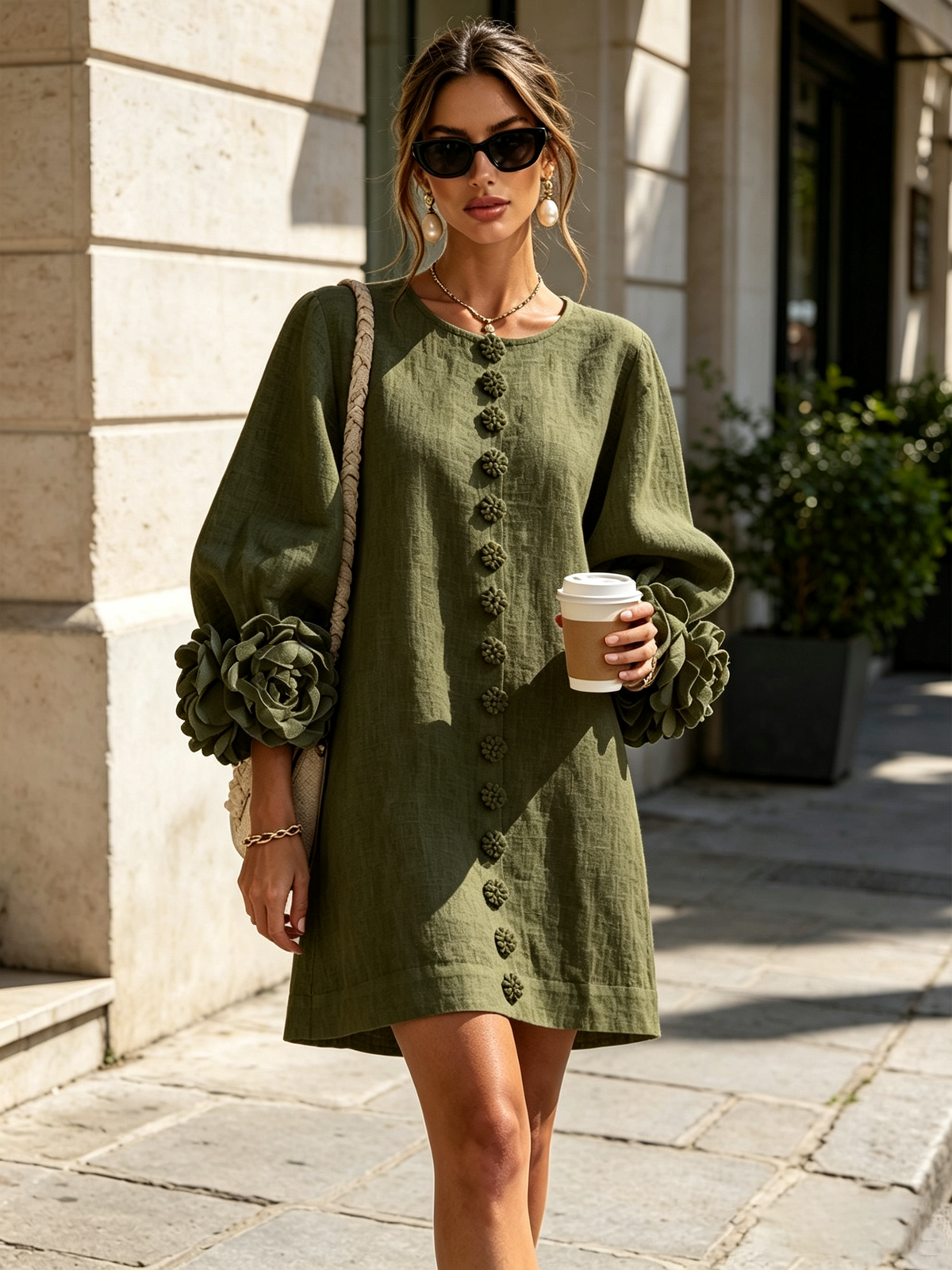 Sutton | Floral Button-Down Mini Dress with Rose-Knot Cuffs