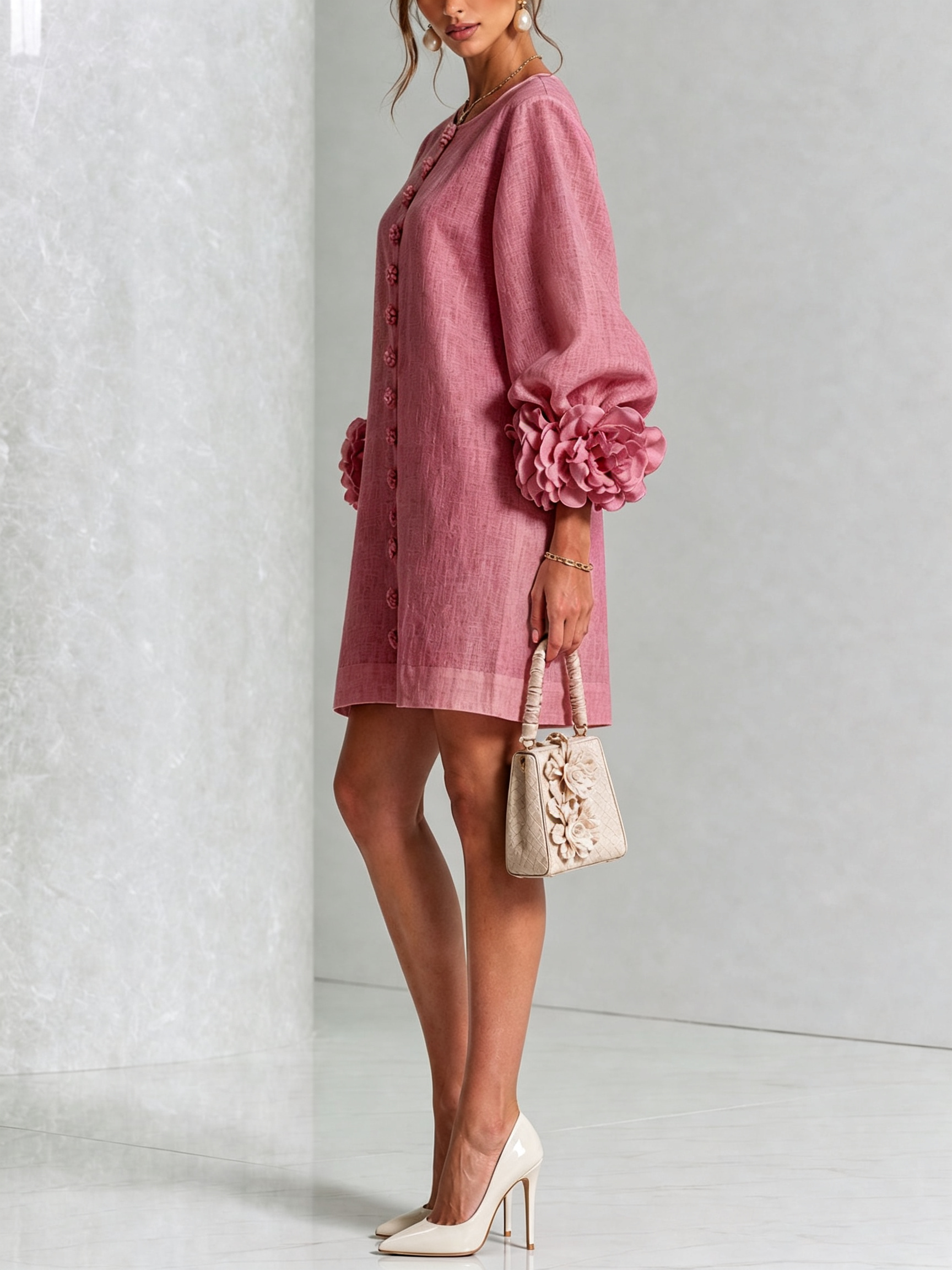 Sutton | Floral Button-Down Mini Dress with Rose-Knot Cuffs