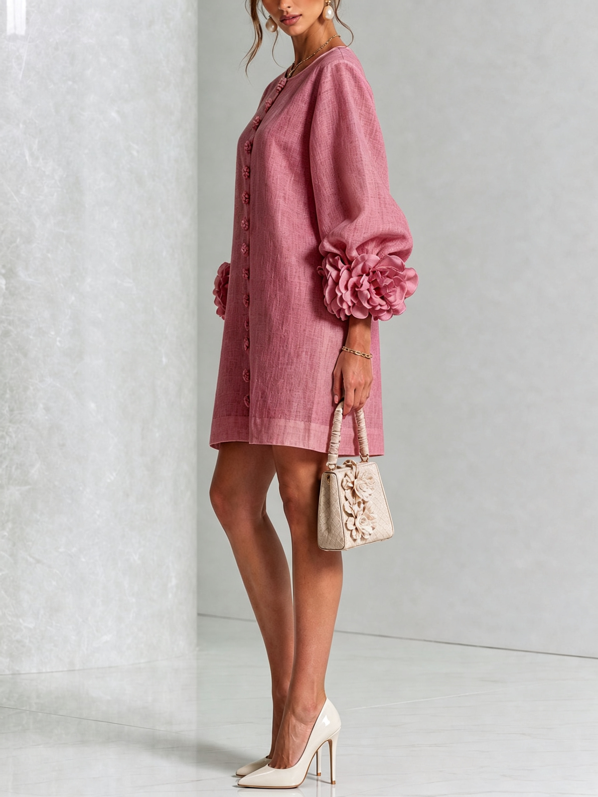 Sutton | Floral Button-Down Mini Dress with Rose-Knot Cuffs