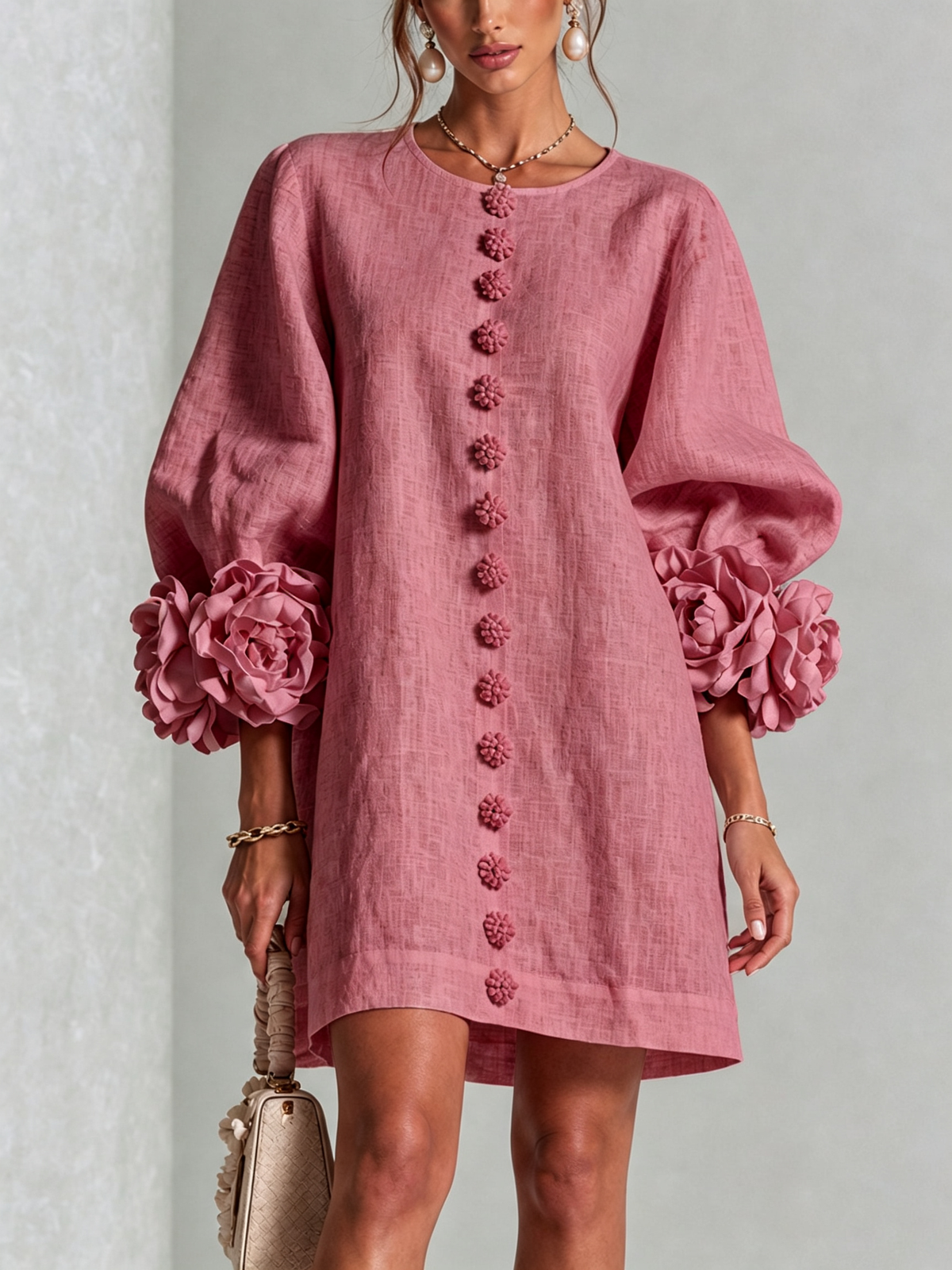 Sutton | Floral Button-Down Mini Dress with Rose-Knot Cuffs