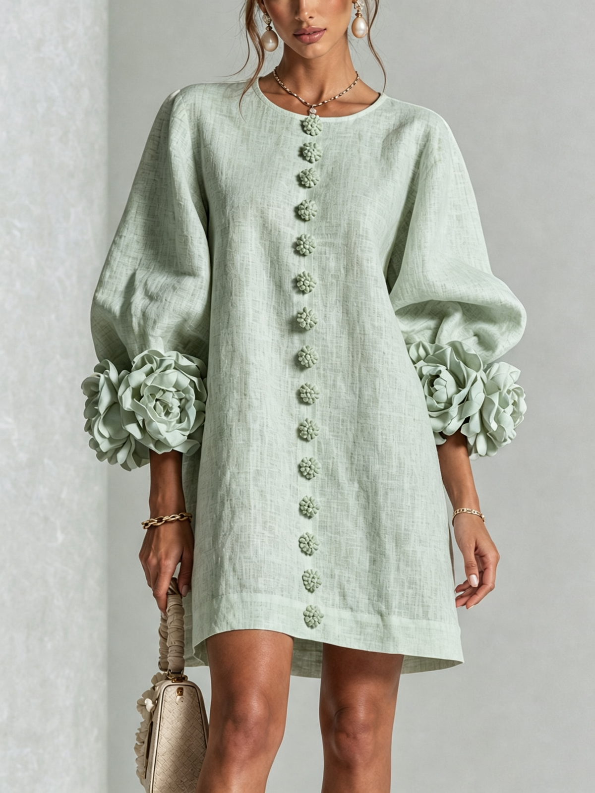 Sutton | Floral Button-Down Mini Dress with Rose-Knot Cuffs