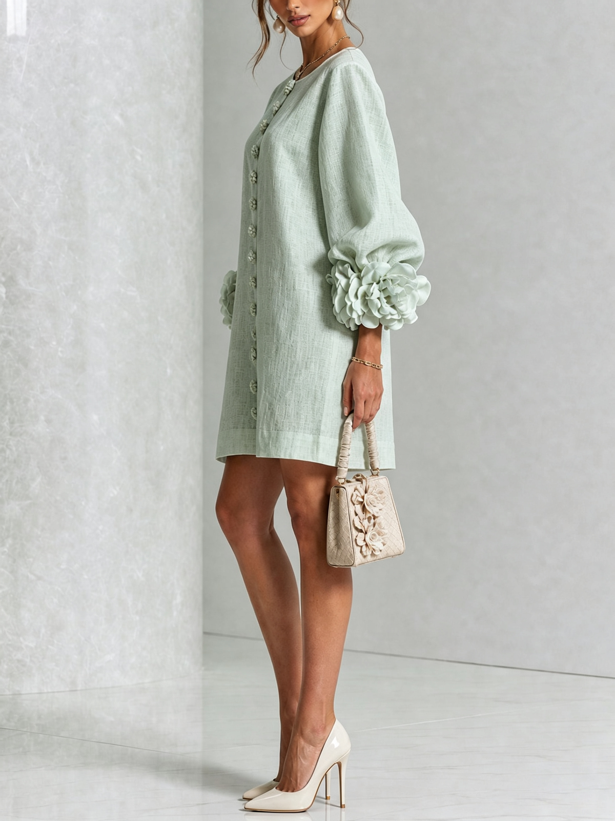 Sutton | Floral Button-Down Mini Dress with Rose-Knot Cuffs