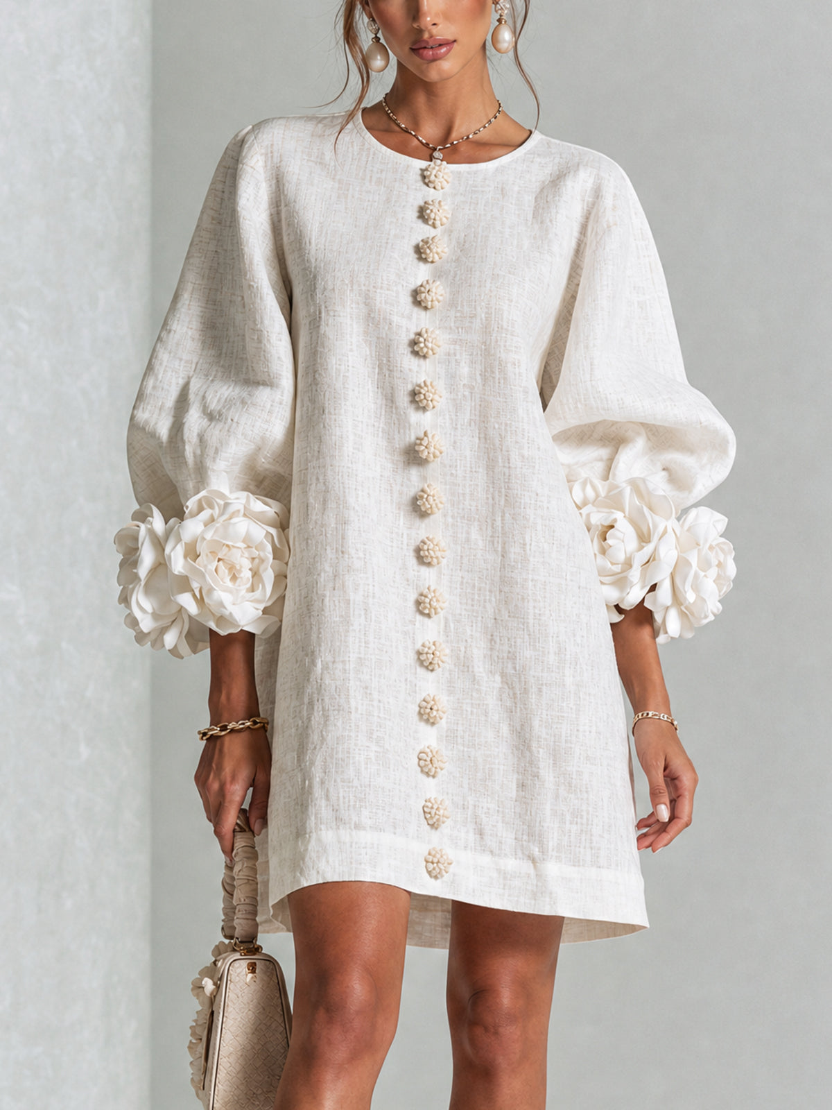 Sutton | Floral Button-Down Mini Dress with Rose-Knot Cuffs