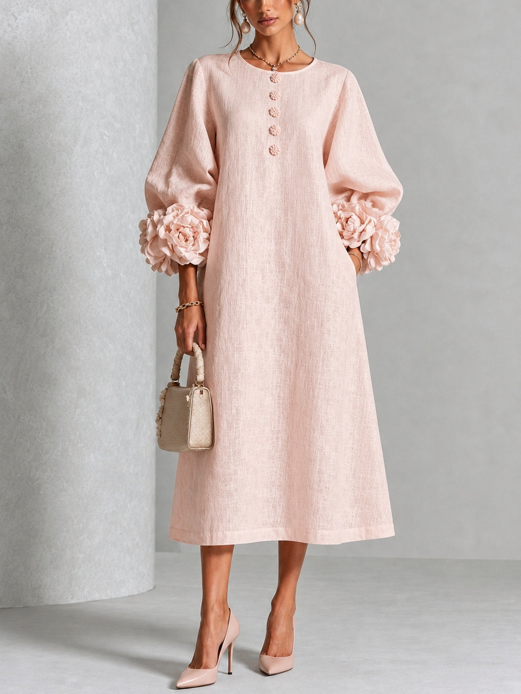 Lilian | Elegant Floral Midi Dress with Rose-Knot Cuffs