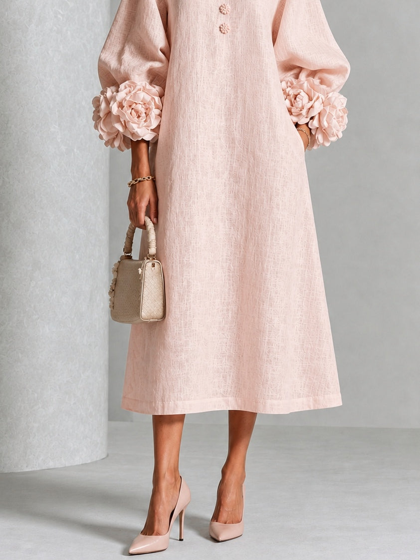 Lilian | Elegant Floral Midi Dress with Rose-Knot Cuffs