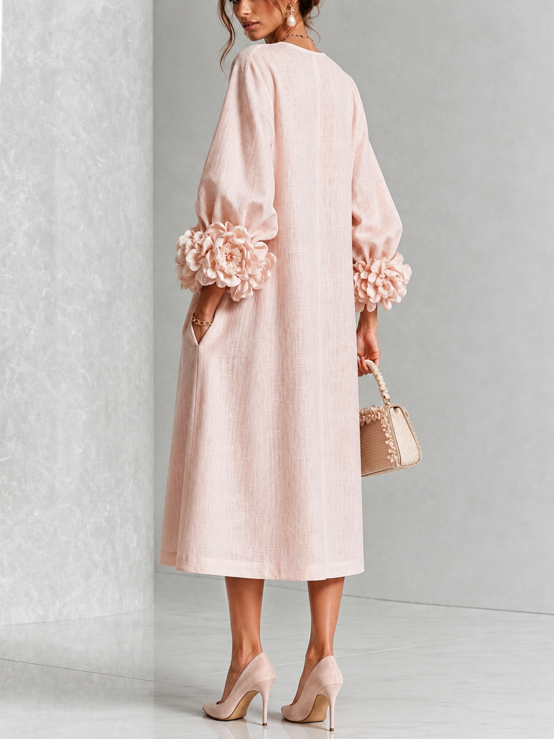 Lilian | Elegant Floral Midi Dress with Rose-Knot Cuffs