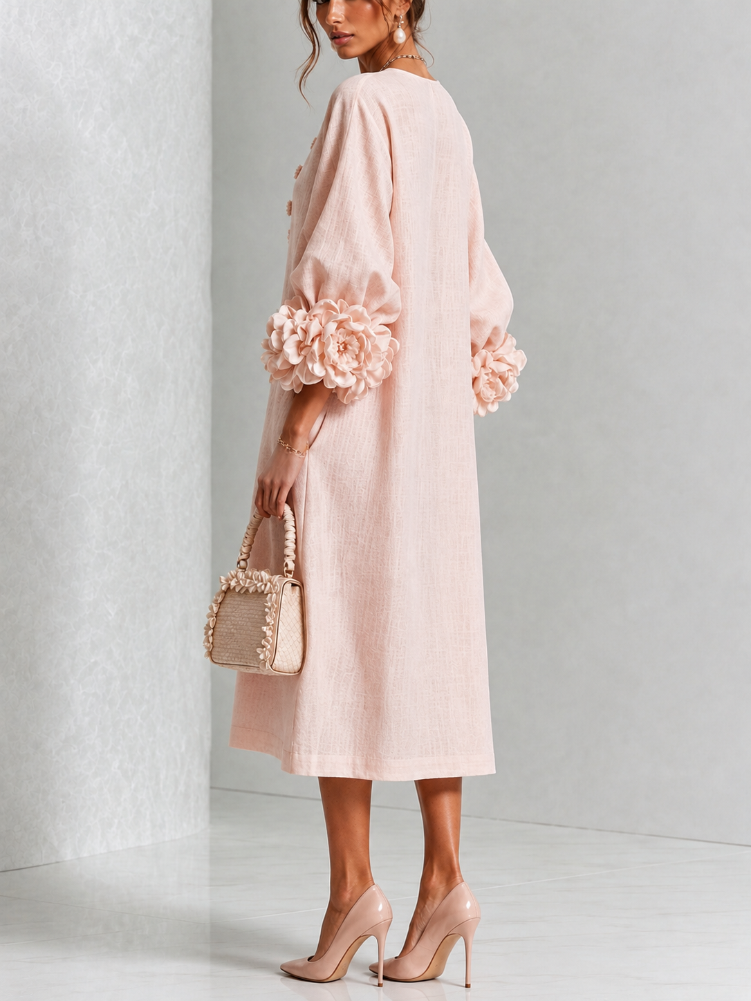 Lilian | Elegant Floral Midi Dress with Rose-Knot Cuffs